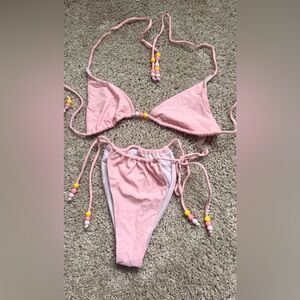 SHEIN Pink Lace Up Beaded Triangle Bikini Set Unlined sz Medium